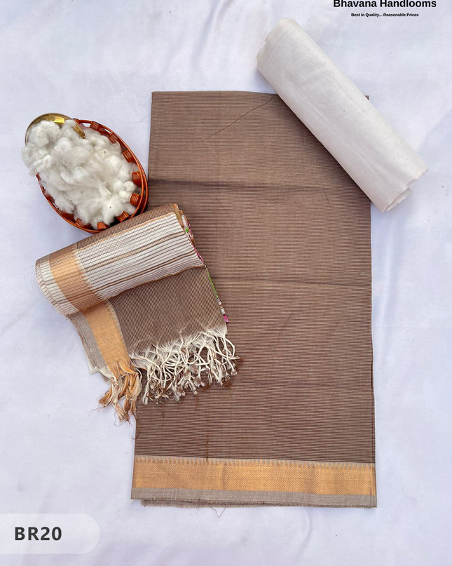 Mangalagiri Cotton Dress Material with White Chunni with Brown Colour