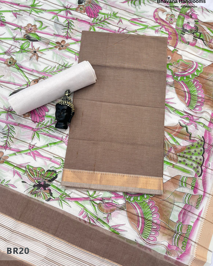 Mangalagiri Cotton Dress Material with White Chunni with Brown Colour