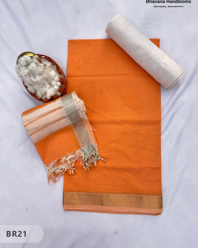 Mangalagiri Cotton Dress Material with White Chunni with Orange Colour