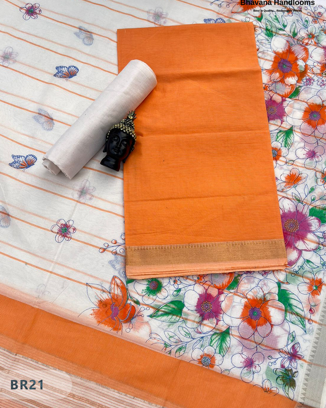 Mangalagiri Cotton Dress Material with White Chunni with Orange Colour