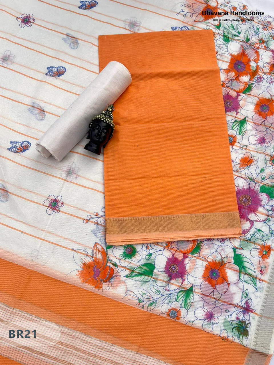 Mangalagiri Cotton Dress Material with White Chunni with Orange Colour