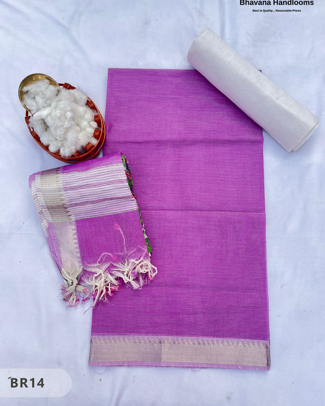 Mangalagiri Cotton Dress Material with White Chunni with Lavender Pink Colour