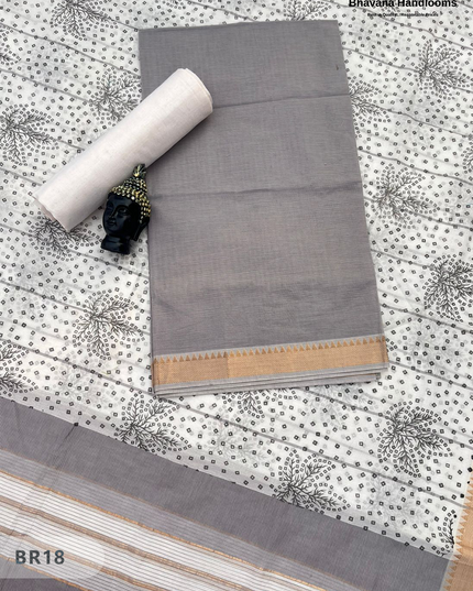 Mangalagiri Cotton Dress Material with White Chunni with Gray Colour
