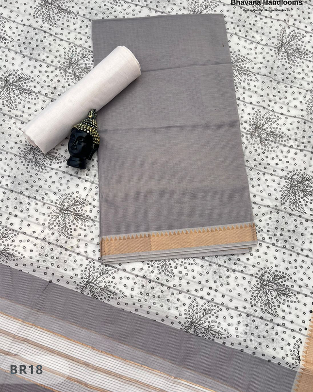 Mangalagiri Cotton Dress Material with White Chunni with Gray Colour