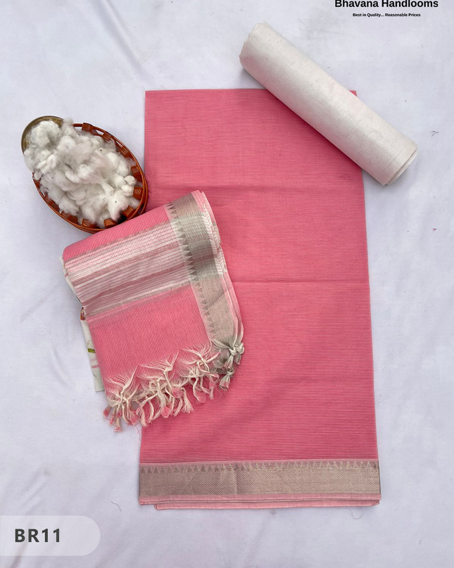 Mangalagiri Cotton Dress Material with White Chunni with Rose Pink Colour