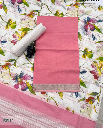 Mangalagiri Cotton Dress Material with White Chunni with Rose Pink Colour