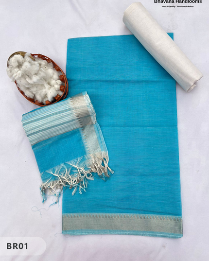 Mangalagiri Cotton Dress Material with White Chunni with Sky Blue Colour