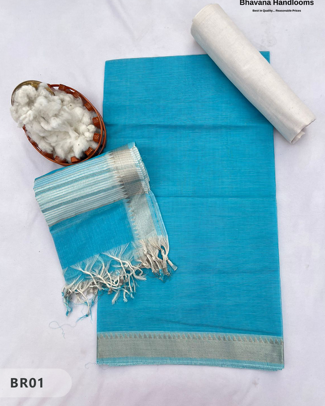 Mangalagiri Cotton Dress Material with White Chunni with Sky Blue Colour