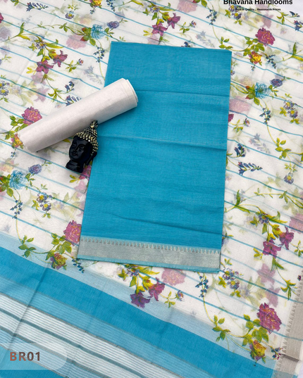 Mangalagiri Cotton Dress Material with White Chunni with Sky Blue Colour