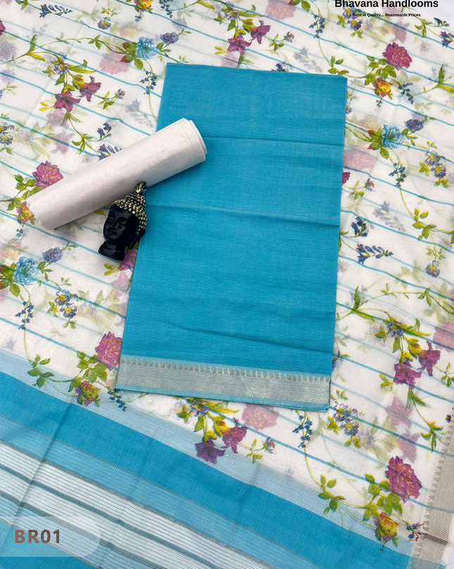 Mangalagiri Cotton Dress Material with White Chunni with Sky Blue Colour