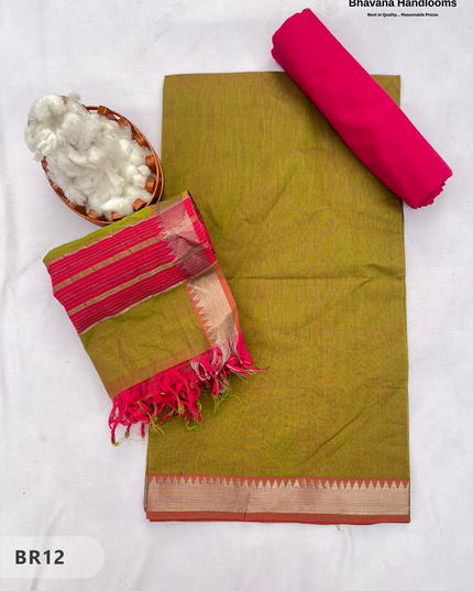 Mangalagiri Cotton Dress Material with White Chunni with Yellow Brown Colour