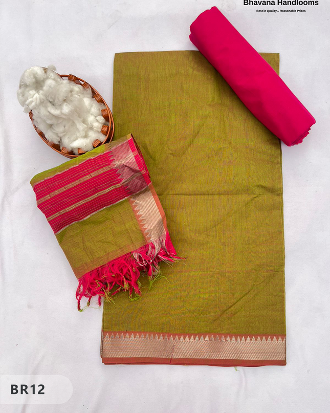 Mangalagiri Cotton Dress Material with White Chunni with Yellow Brown Colour