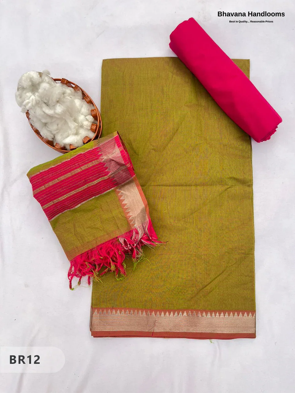 Mangalagiri Cotton Dress Material with White Chunni with Yellow Brown Colour