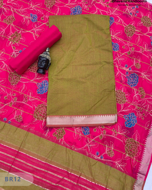 Mangalagiri Cotton Dress Material with White Chunni with Yellow Brown Colour