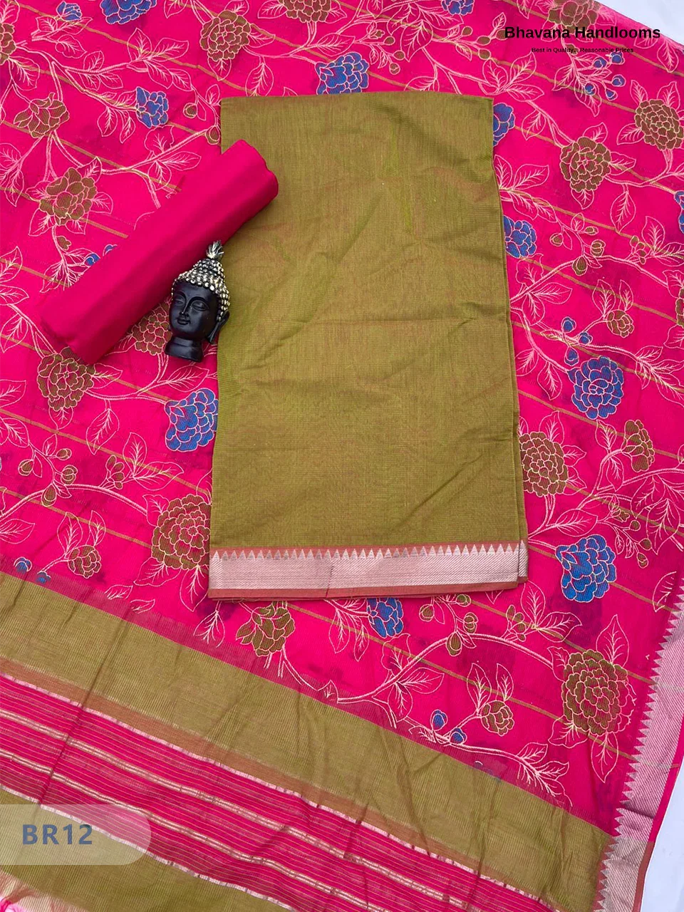 Mangalagiri Cotton Dress Material with White Chunni with Yellow Brown Colour