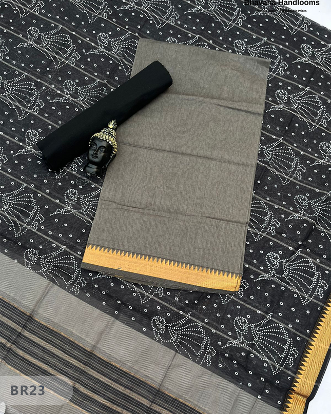 Mangalagiri Cotton Dress Material with White Chunni with Black Colour