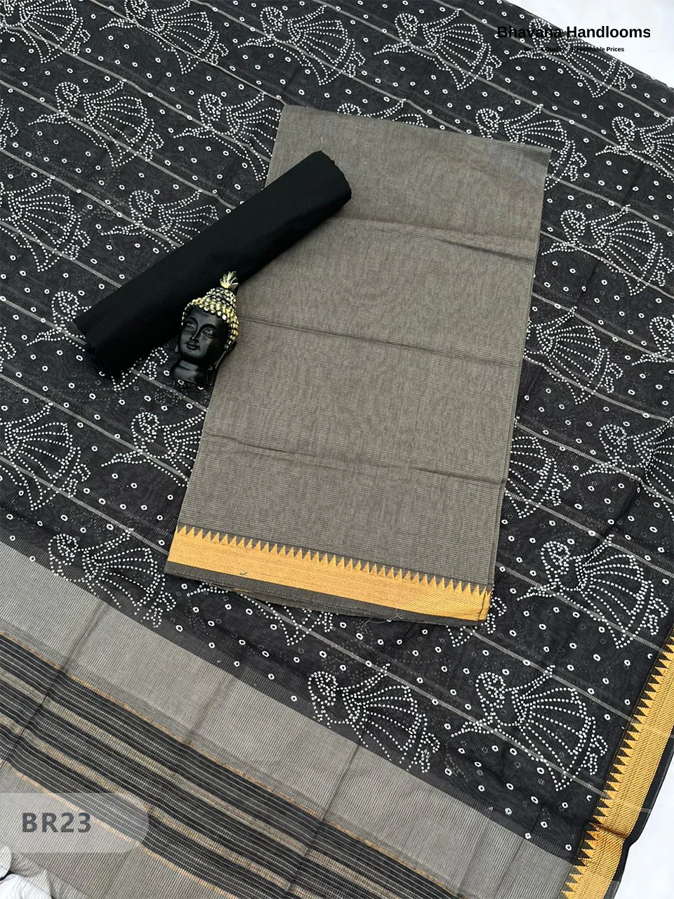 Mangalagiri Cotton Dress Material with White Chunni with Black Colour