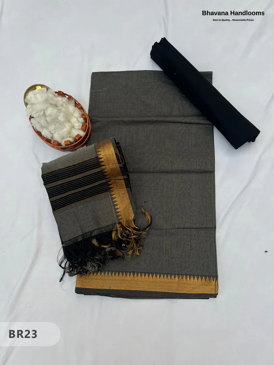 Mangalagiri Cotton Dress Material with White Chunni with Black Colour