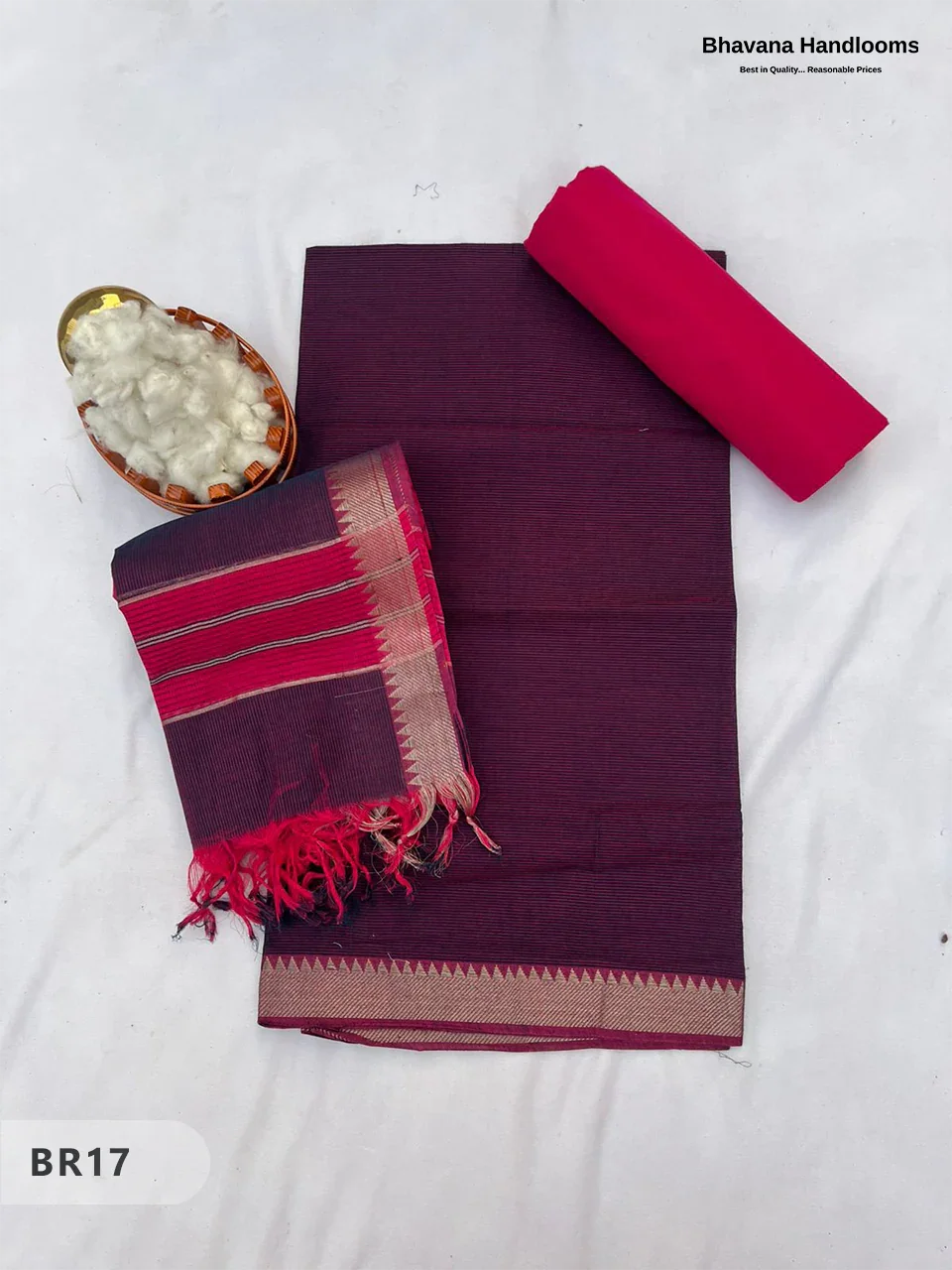 Mangalagiri Cotton Dress Material with White Chunni with Wine Red Colour