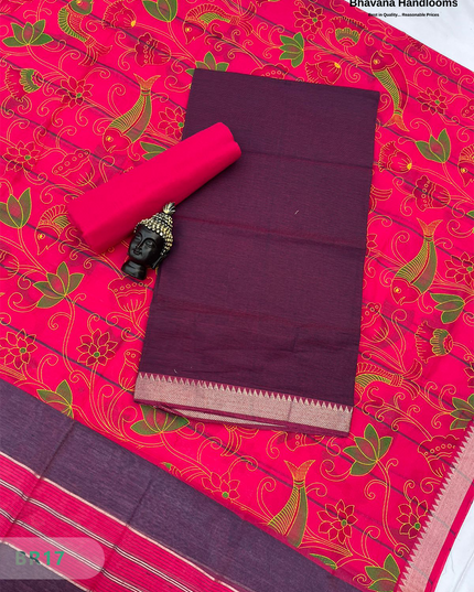Mangalagiri Cotton Dress Material with White Chunni with Wine Red Colour
