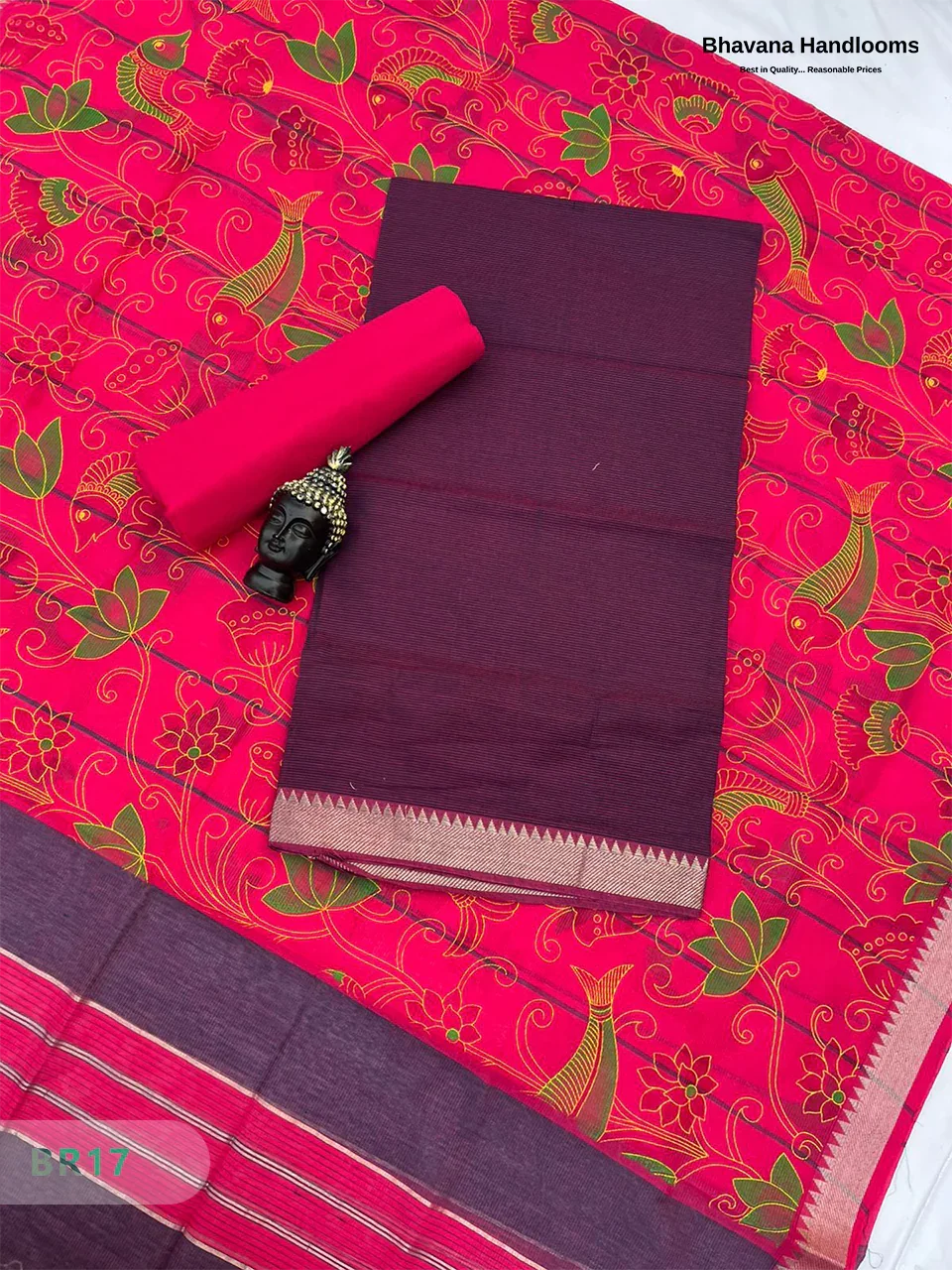 Mangalagiri Cotton Dress Material with White Chunni with Wine Red Colour