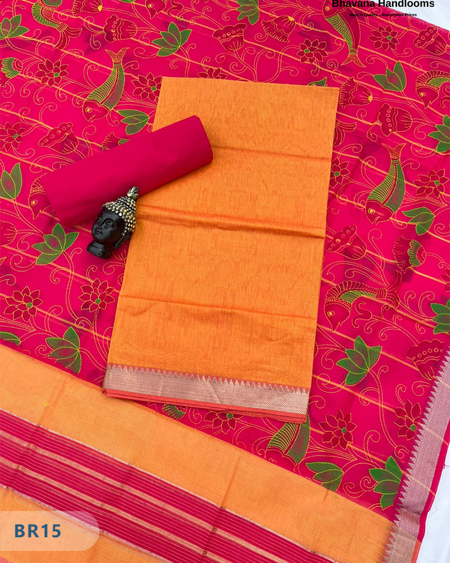 Mangalagiri Cotton Dress Material with White Chunni with Yellow Colour