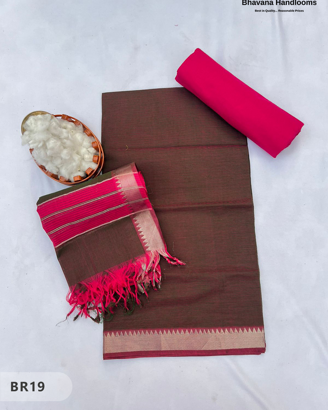 Mangalagiri Cotton Dress Material with White Chunni with Dark Brown Colour