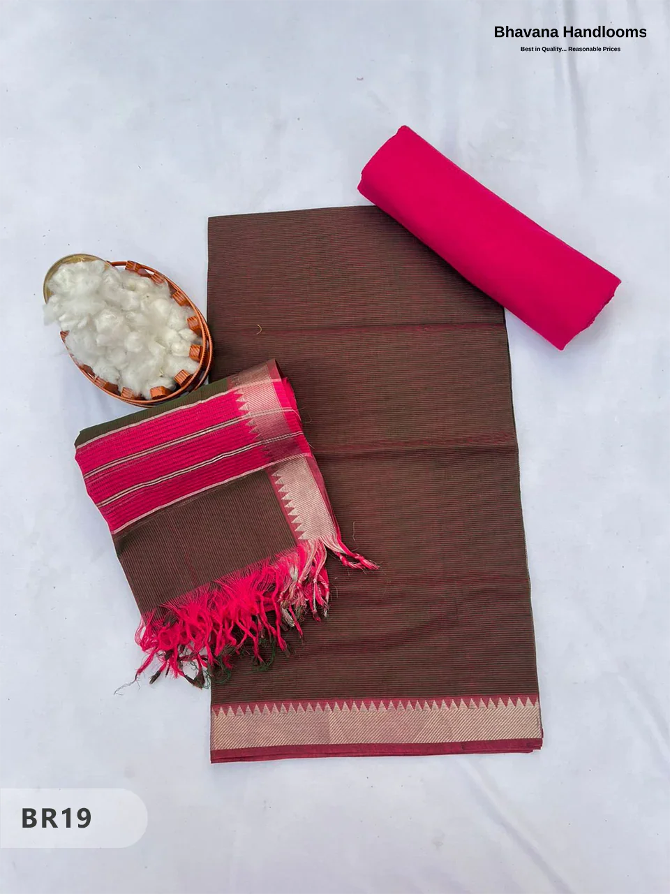 Mangalagiri Cotton Dress Material with White Chunni with Dark Brown Colour