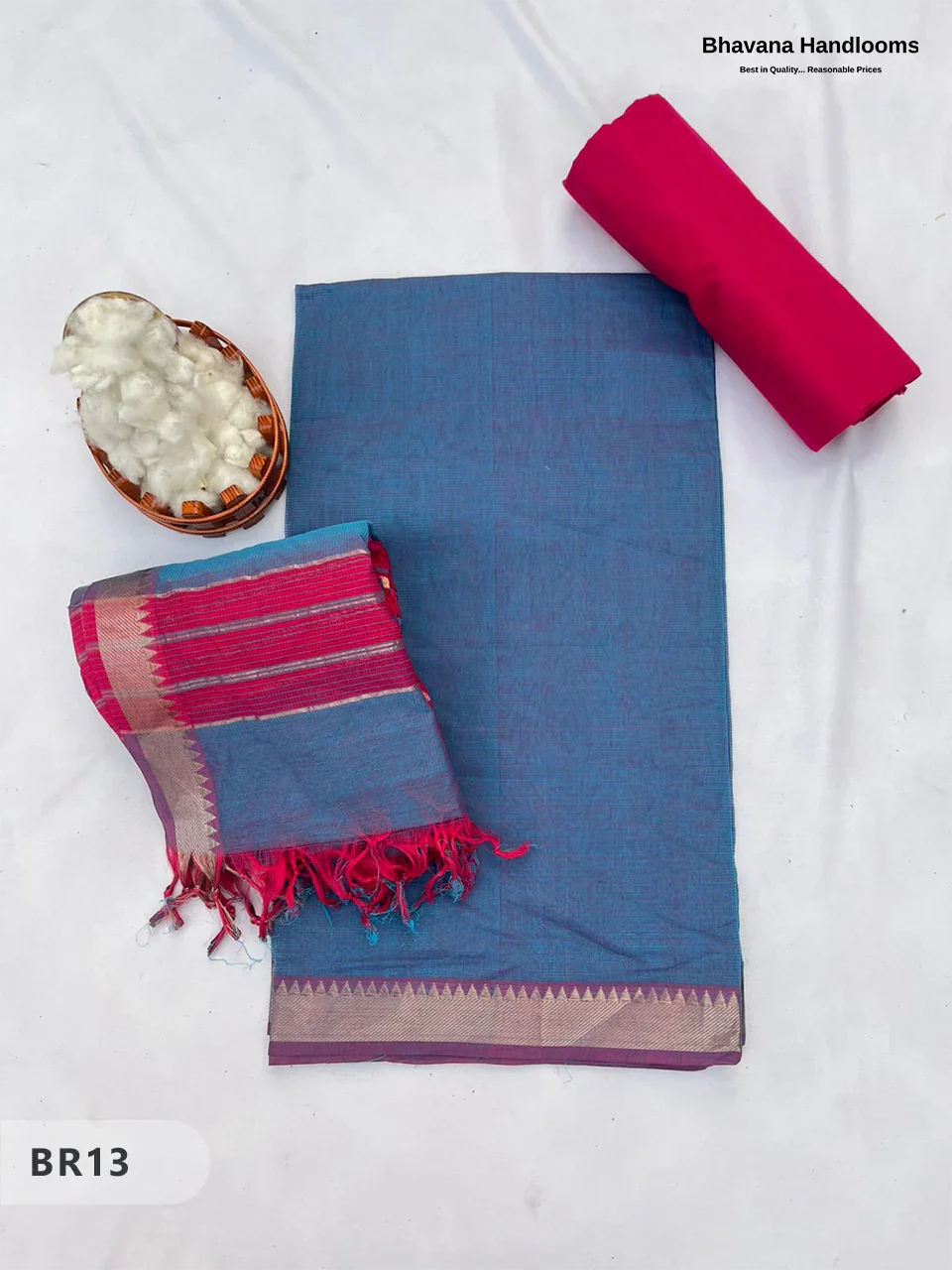 Mangalagiri Cotton Dress Material with White Chunni with Blue Colour