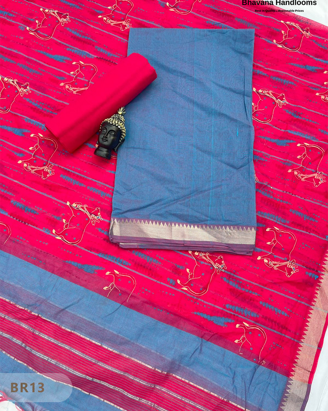 Mangalagiri Cotton Dress Material with White Chunni with Blue Colour