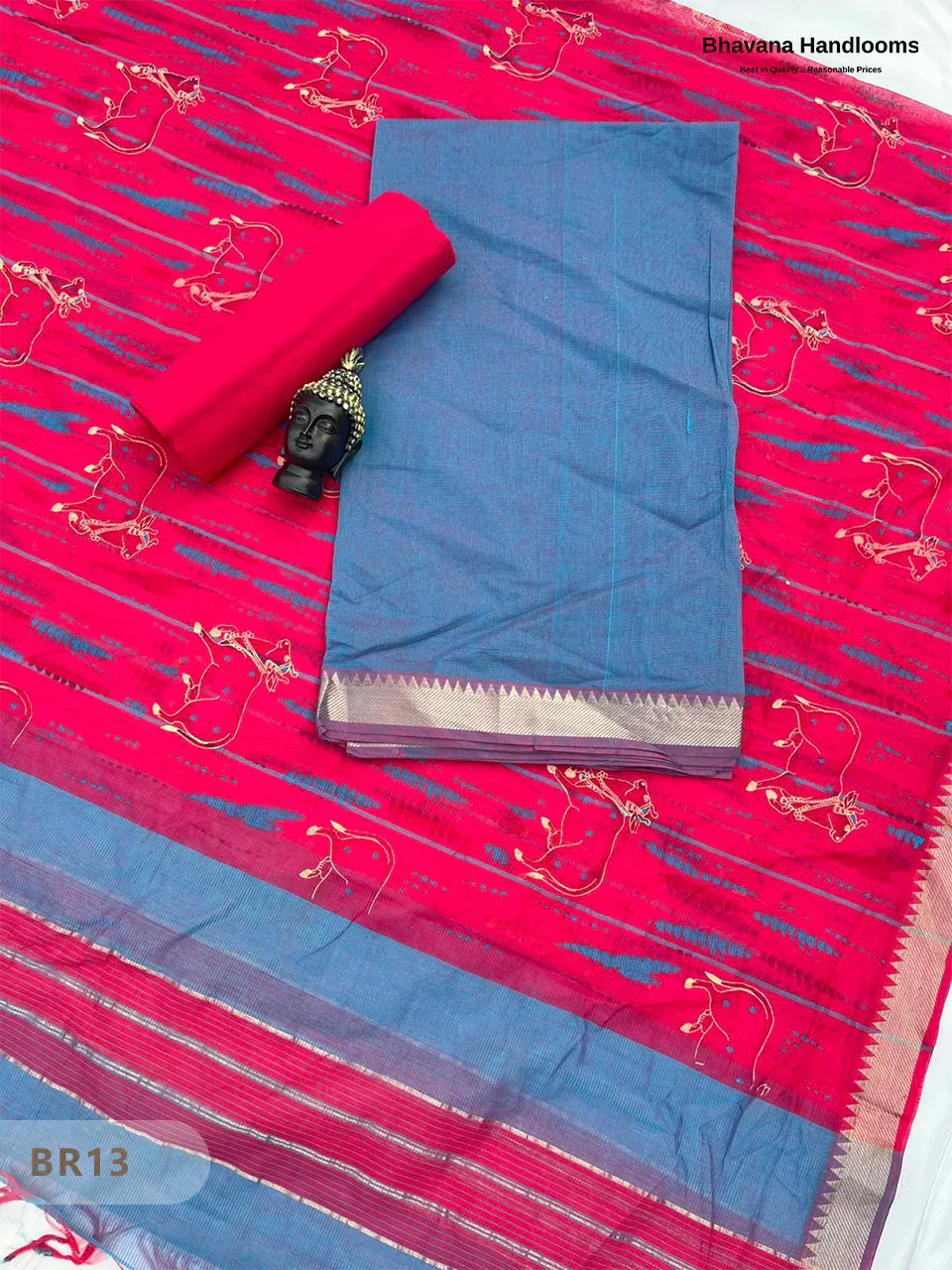 Mangalagiri Cotton Dress Material with White Chunni with Blue Colour