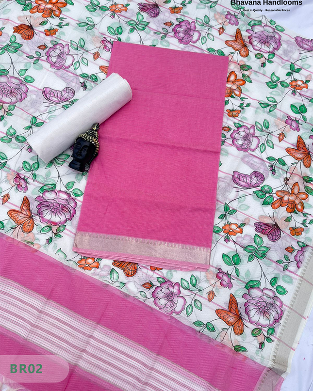 Mangalagiri Cotton Dress Material with White Chunni with Pink Colour