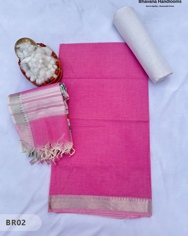 Mangalagiri Cotton Dress Material with White Chunni with Pink Colour