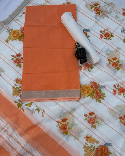 Pure Mangalagiri Cotton Dress Material in Orange Color with Matching Dupatta