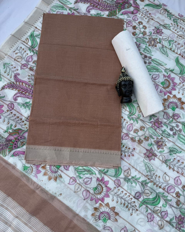 Pure Mangalagiri Cotton Dress Material in Brown Color with Matching Dupatta