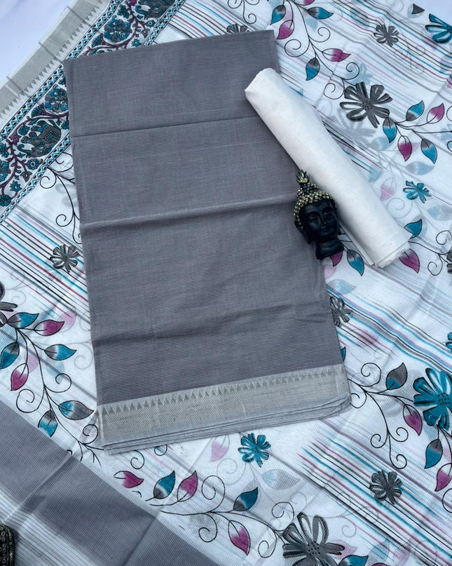 Pure Mangalagiri Cotton Dress Material in Gray Color with Matching Dupatta