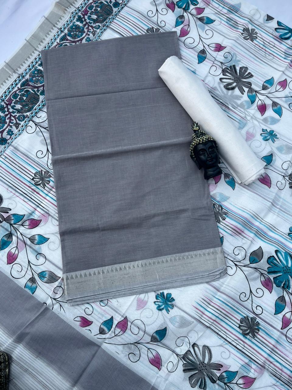 Pure Mangalagiri Cotton Dress Material in Gray Color with Matching Dupatta