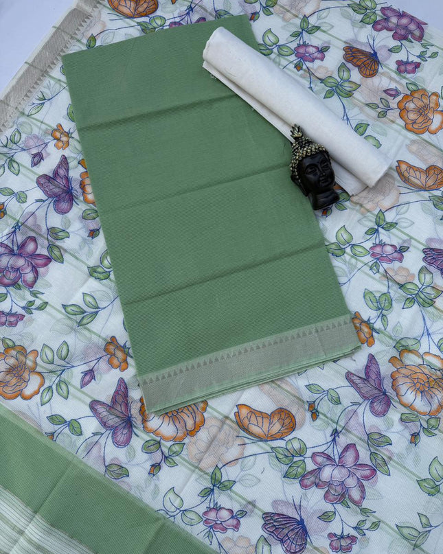 Pure Mangalagiri Cotton Dress Material in Cactus Green Color with Matching Dupatta