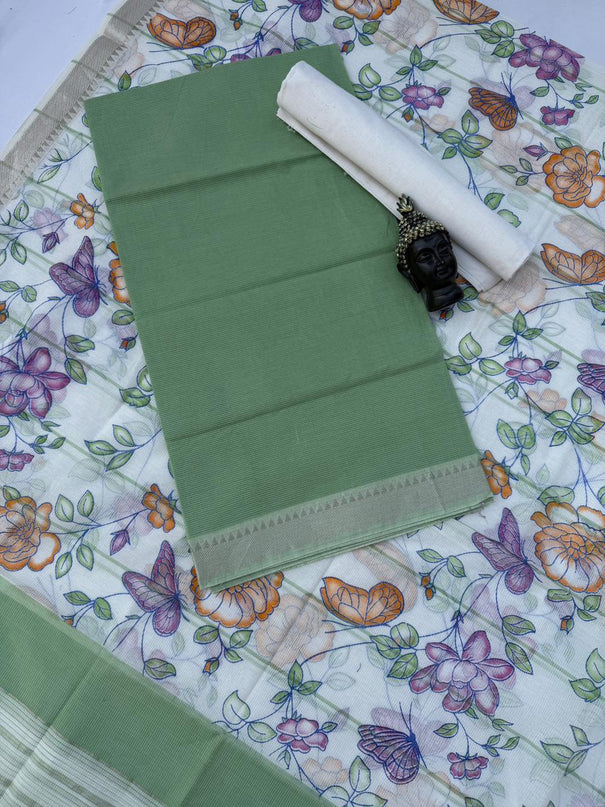 Pure Mangalagiri Cotton Dress Material in Cactus Green Color with Matching Dupatta