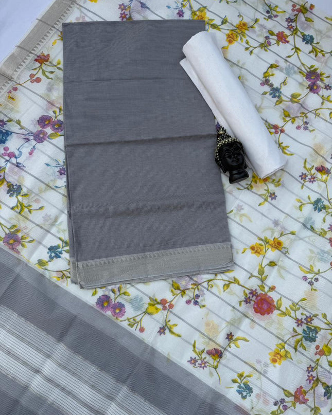 Pure Mangalagiri Cotton Dress Material in Gray Color with Matching Dupatta