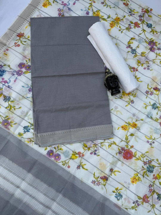 Pure Mangalagiri Cotton Dress Material in Gray Color with Matching Dupatta