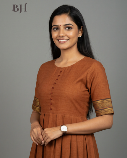 Mangalagiri Cotton Long Frock with Dark Brown Colour