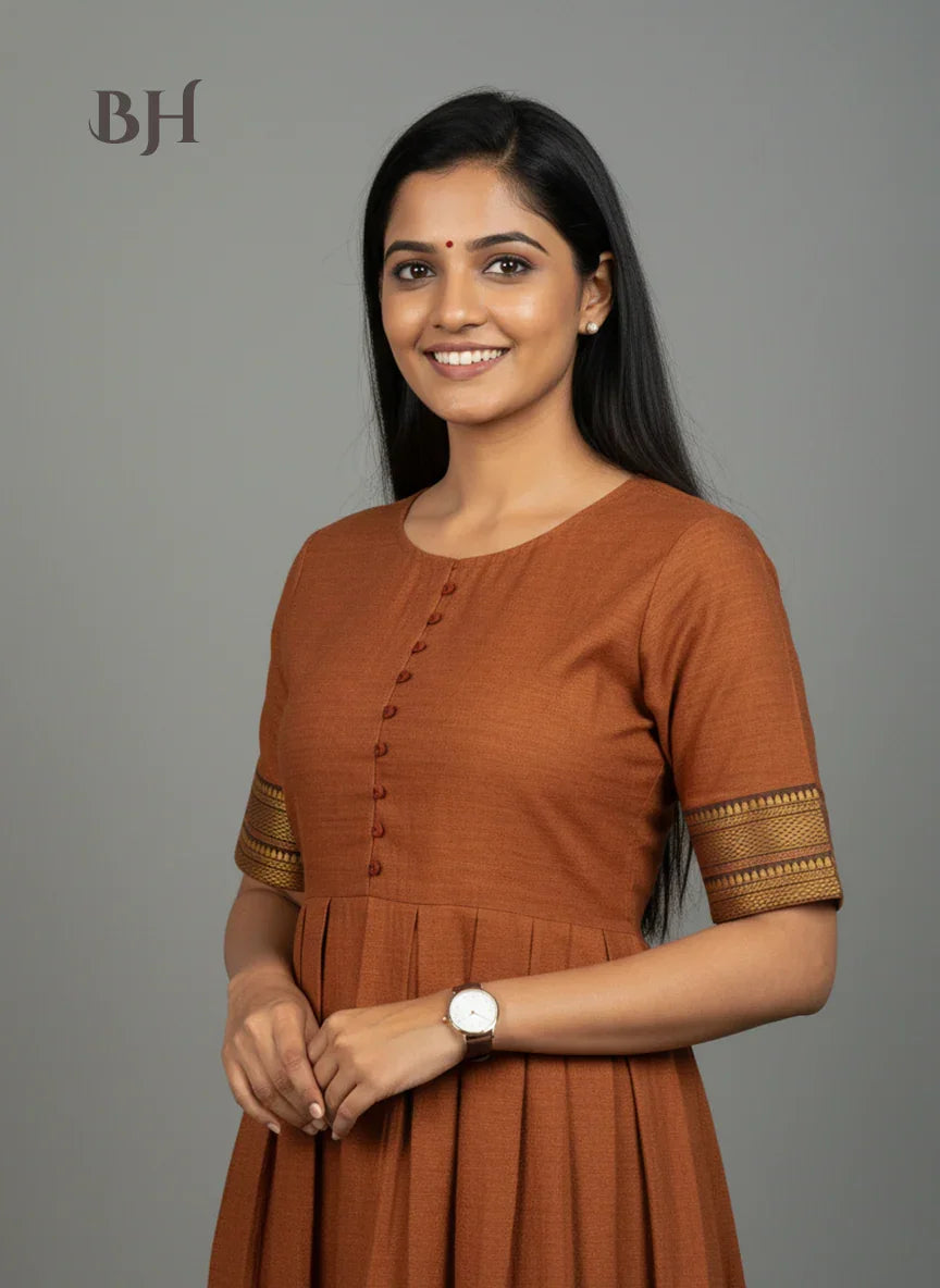 Mangalagiri Cotton Long Frock with Dark Brown Colour