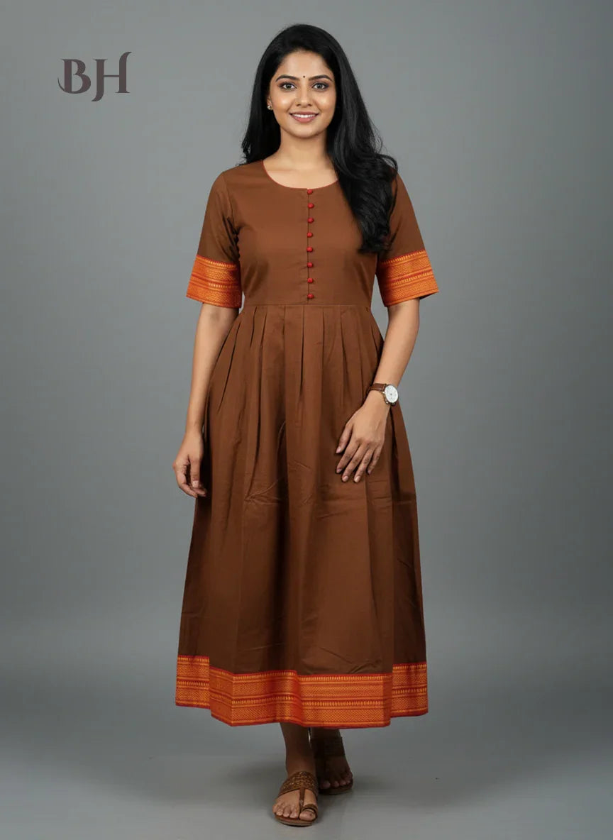 Mangalagiri Cotton Long Frock with Light Brown Colour