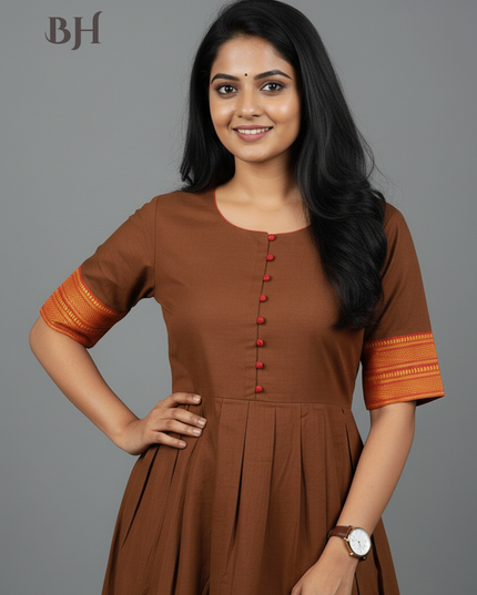 Mangalagiri Cotton Long Frock with Light Brown Colour