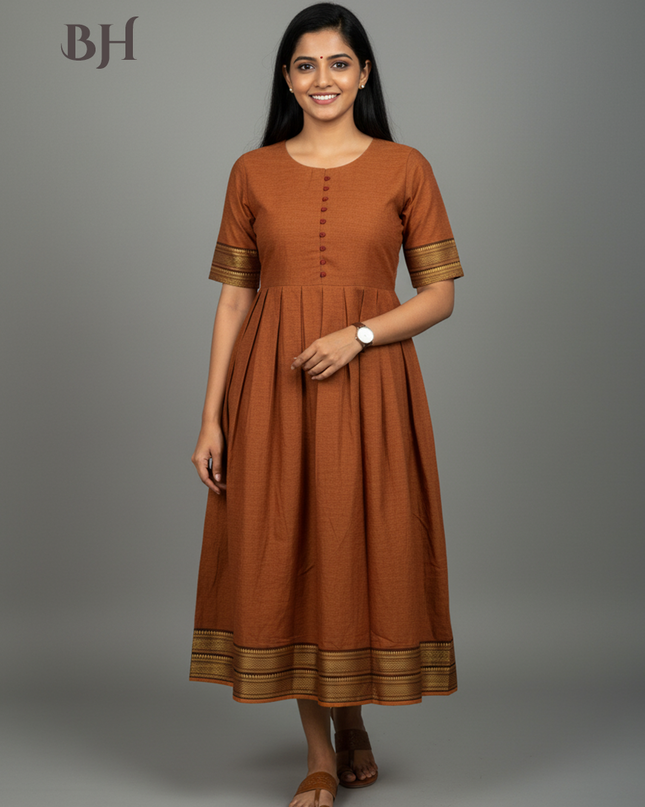Mangalagiri Cotton Long Frock with Dark Brown Colour
