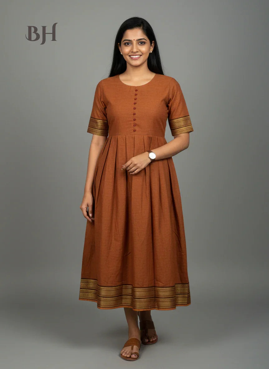 Mangalagiri Cotton Long Frock with Dark Brown Colour