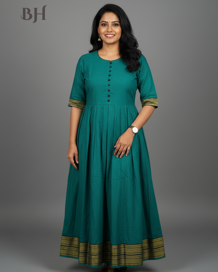 Mangalagiri Cotton Long Frock with Emrold Green Colour
