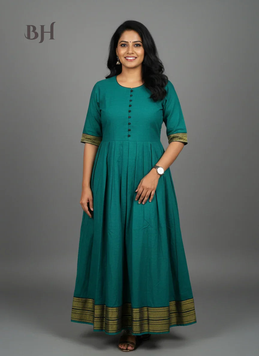Mangalagiri Cotton Long Frock with Emrold Green Colour