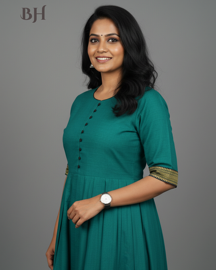 Mangalagiri Cotton Long Frock with Emrold Green Colour
